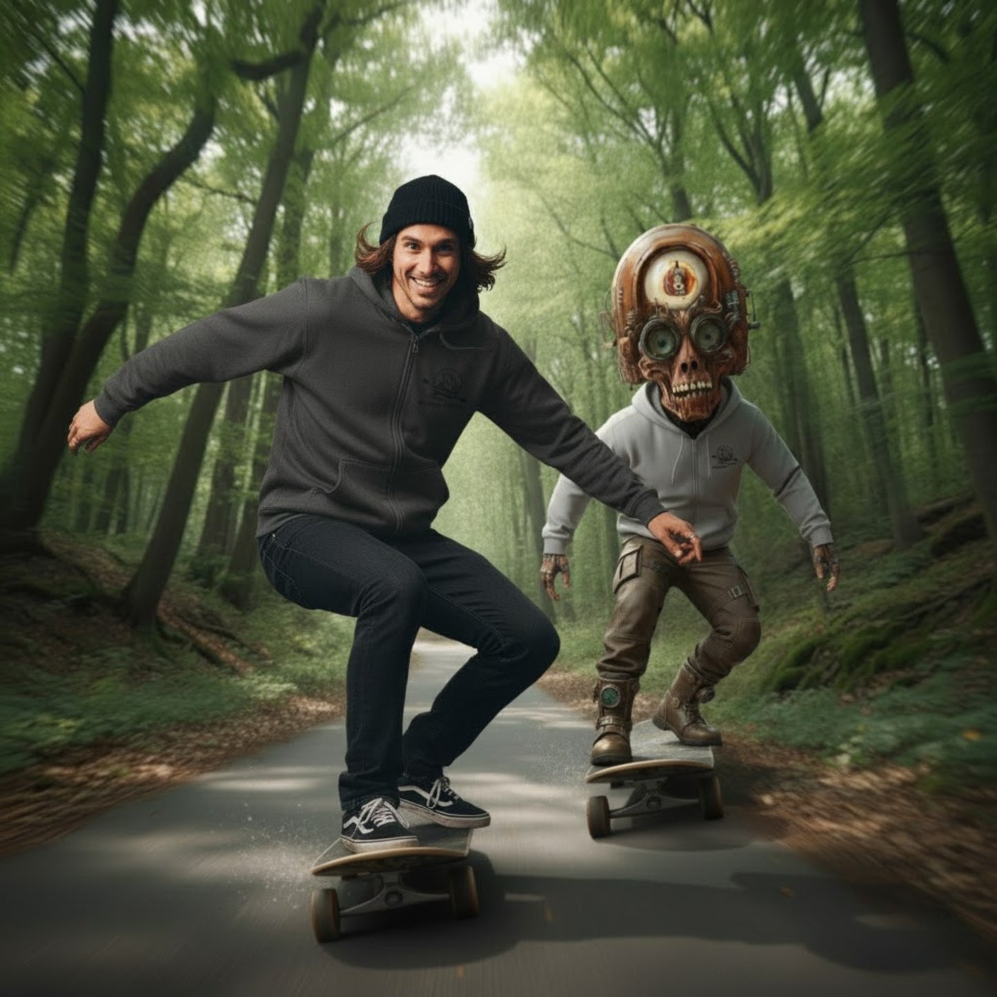 Super Strange and pro skater skateboarding on asphalt in the woods | Paddle Frogs™ 