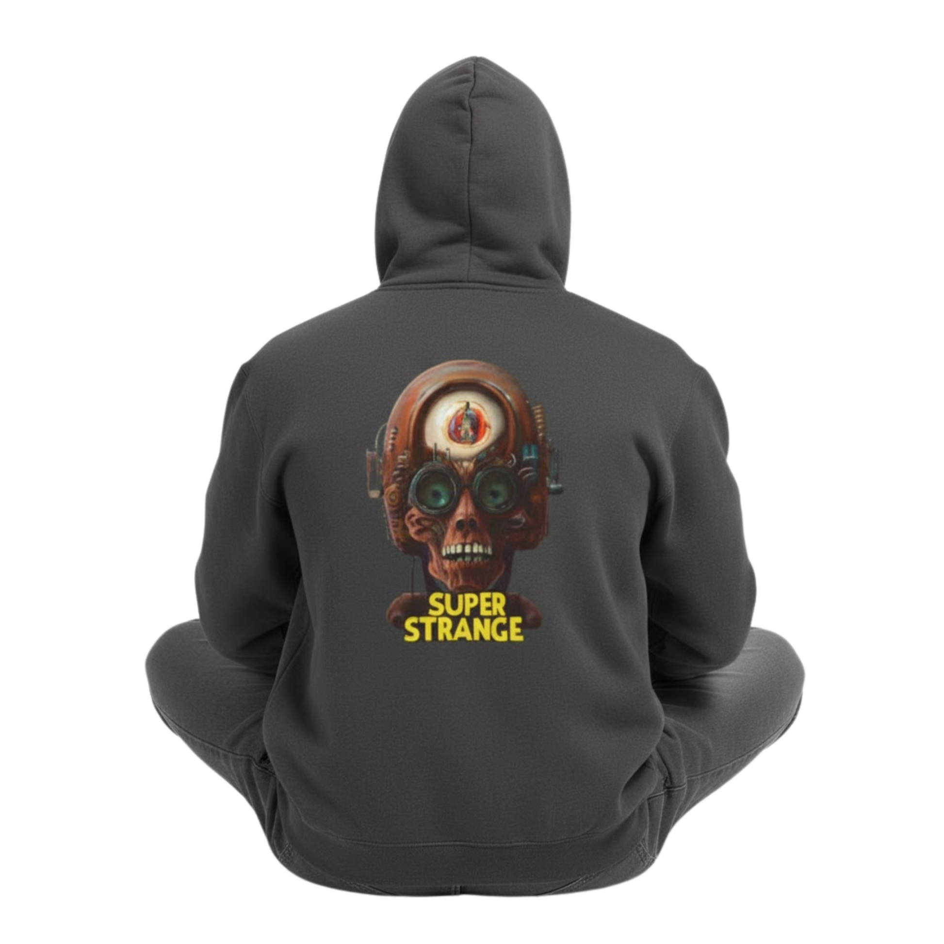 A man sitting crisscross applesauce on a transparent background. the hood up over his head. This is the backside of the Super Strange Zip Up Hoodie jacket by Paddle Frogs outdoor gear