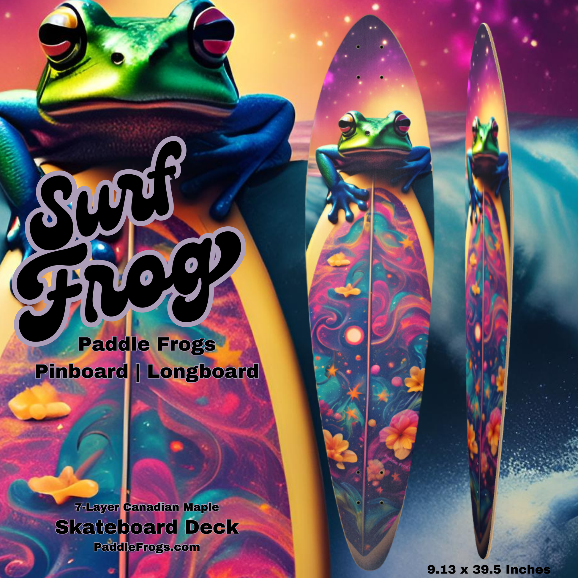 Surf Frog Pintail longboard. This vibrant deck features a playful frog riding a flower-adorned surfboard