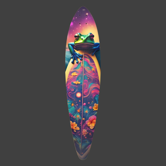 Surf Frog Pintail longboard. This vibrant deck features a playful frog riding a flower-adorned surfboard Paddle Frogs