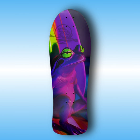 Surf Life | Paddle Frogs | skateboard deck | PF Blue | Colorful skateboard deck with a frog design on a blue gradient background