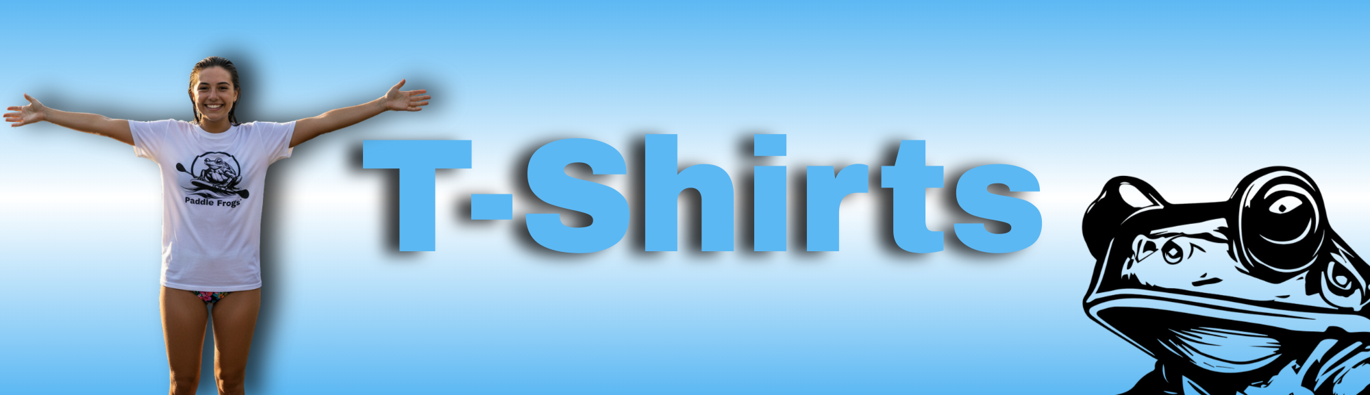 Paddle Frogs™ T-Shirt tee's | Woman wearing a t-shirt with a graphic design, standing against a blue background with 'T-Shirts' text and a logo.