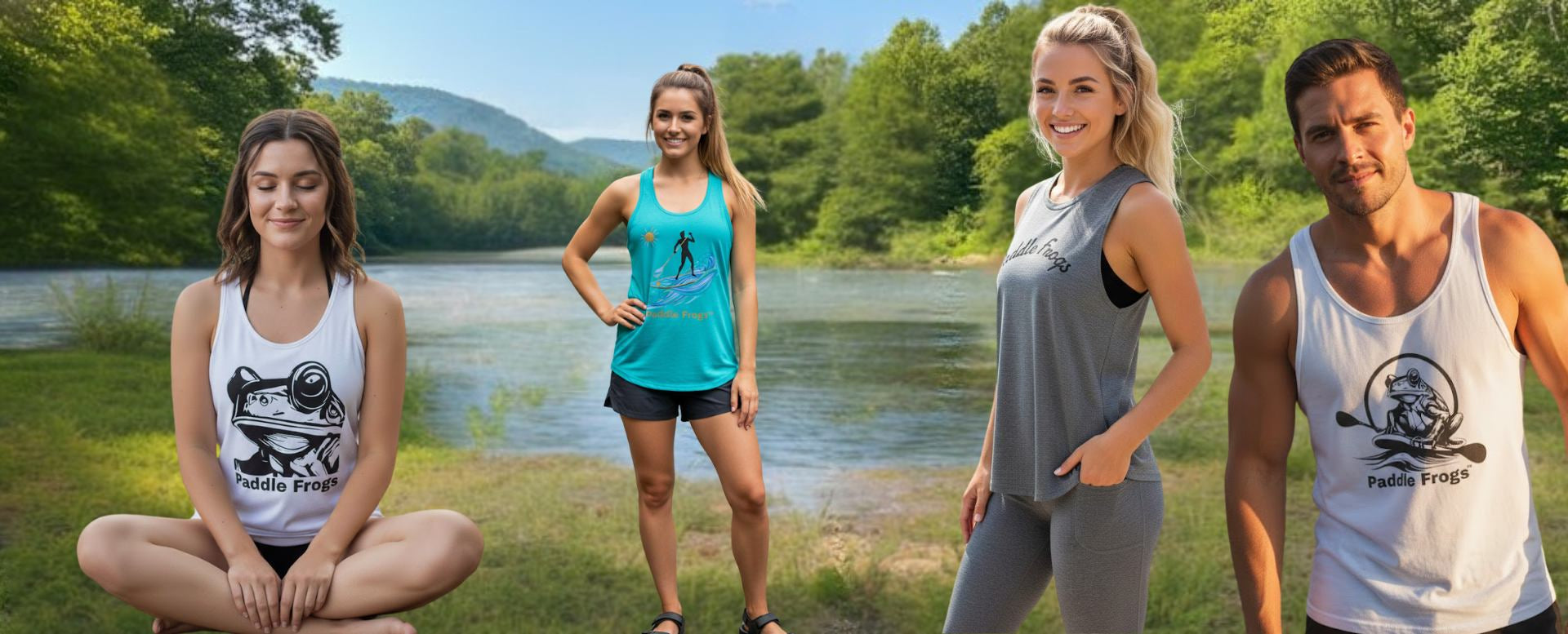 Tank Tops by Paddle Frogs skate & paddle paddleboarding shop 3 ladies and a man model at a scenic lake