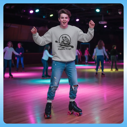 a 15 year old teenager at the roller skating rink skating in a lively indoor rink with colorful lights and other skaters in the background.