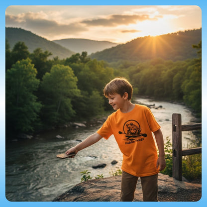 Child in an orange shirt standing by a river with mountains in the background | Tennessee Orange action shot - Kids Tee (Big Fit) 7 Colors | Paddle Frogs Kids