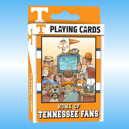 Tennessee football playing cards in a retail box, featuring orange and white packaging with cartoon illustrations of fans watching a game and the text 'Tennessee Playing Cards' and 'Home of Tennessee Fans'.