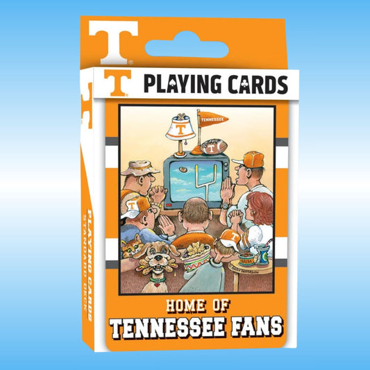 Tennessee football playing cards in a retail box, featuring orange and white packaging with cartoon illustrations of fans watching a game and the text 'Tennessee Playing Cards' and 'Home of Tennessee Fans'.