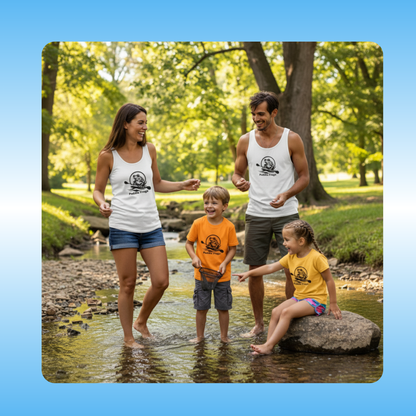 Yellow and orange Paddle Frogs Tee and  white tank tops | Family of four wearing matching shirts by a stream in a park