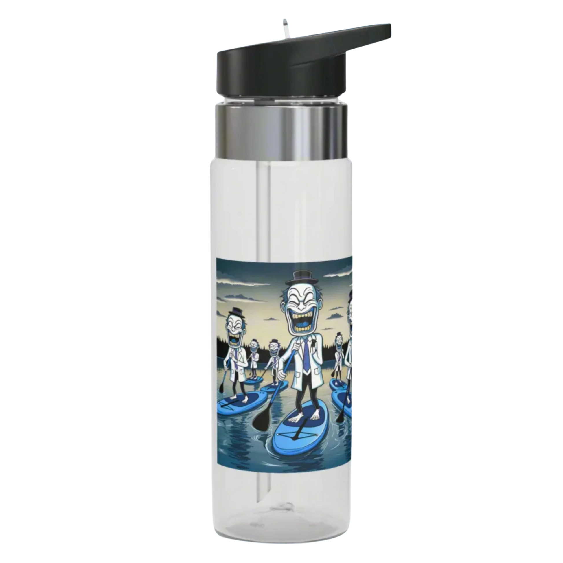 The paddle boarding Clowns Clear water bottle with a colorful graphic of characters on a white background