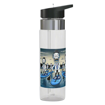 The paddle boarding Clowns Clear water bottle with a colorful graphic of characters on a white background