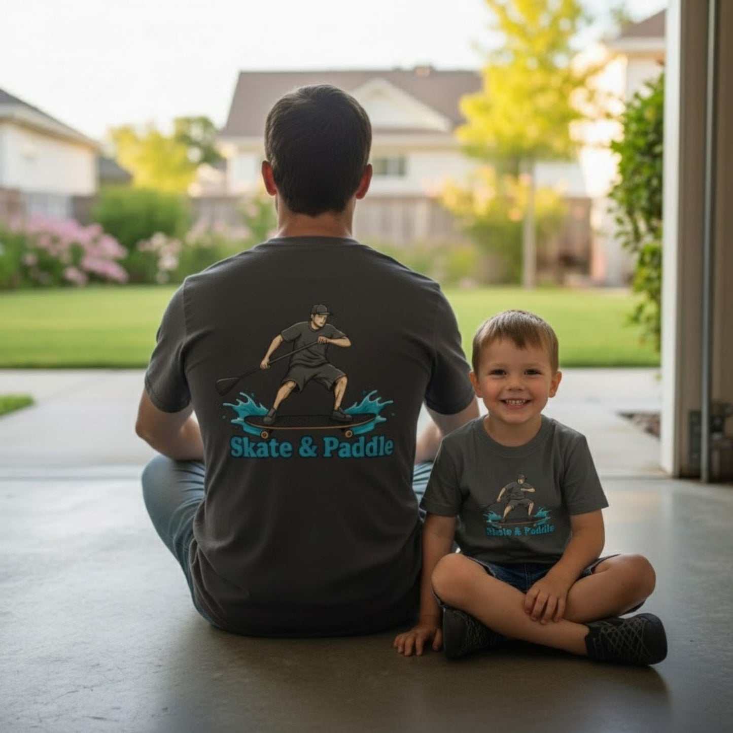 Man and child sitting on a driveway wearing matching gray t-shirts with 'Skate & Paddle' design.