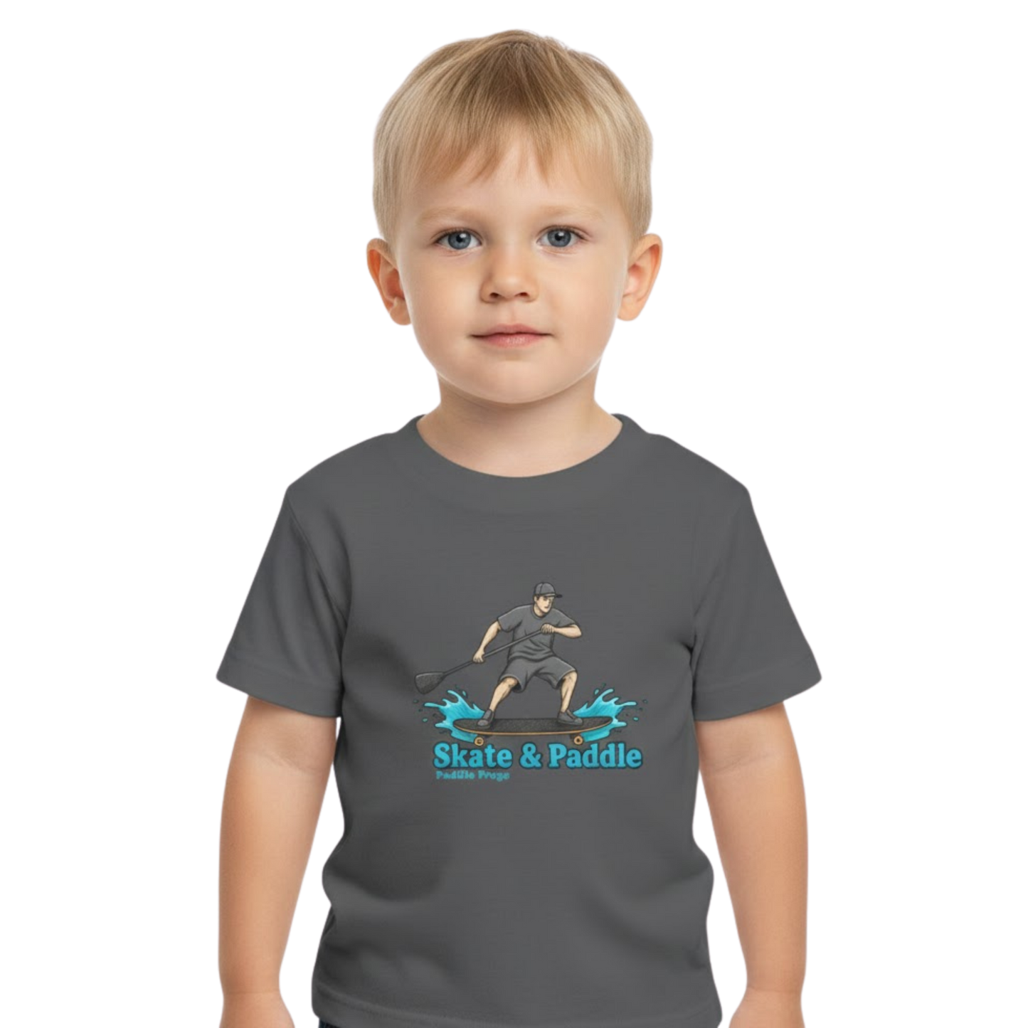 The Coastal Hop: Tiny Ripples & Pavement Waves Toddler "Skate & Paddle Frogs™ boy on a transparent background