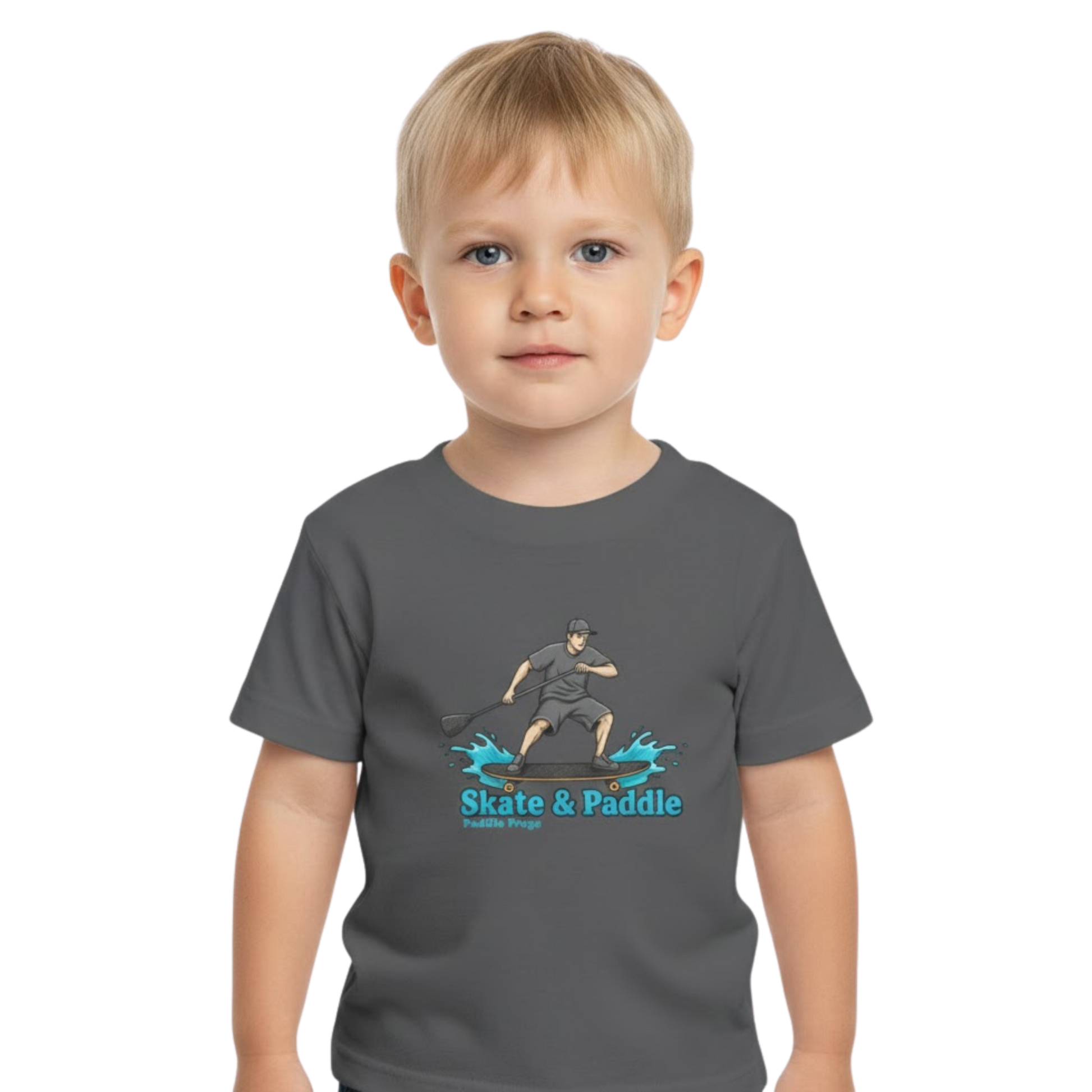 The Coastal Hop: Tiny Ripples & Pavement Waves Toddler "Skate & Paddle Frogs™ boy on a transparent background