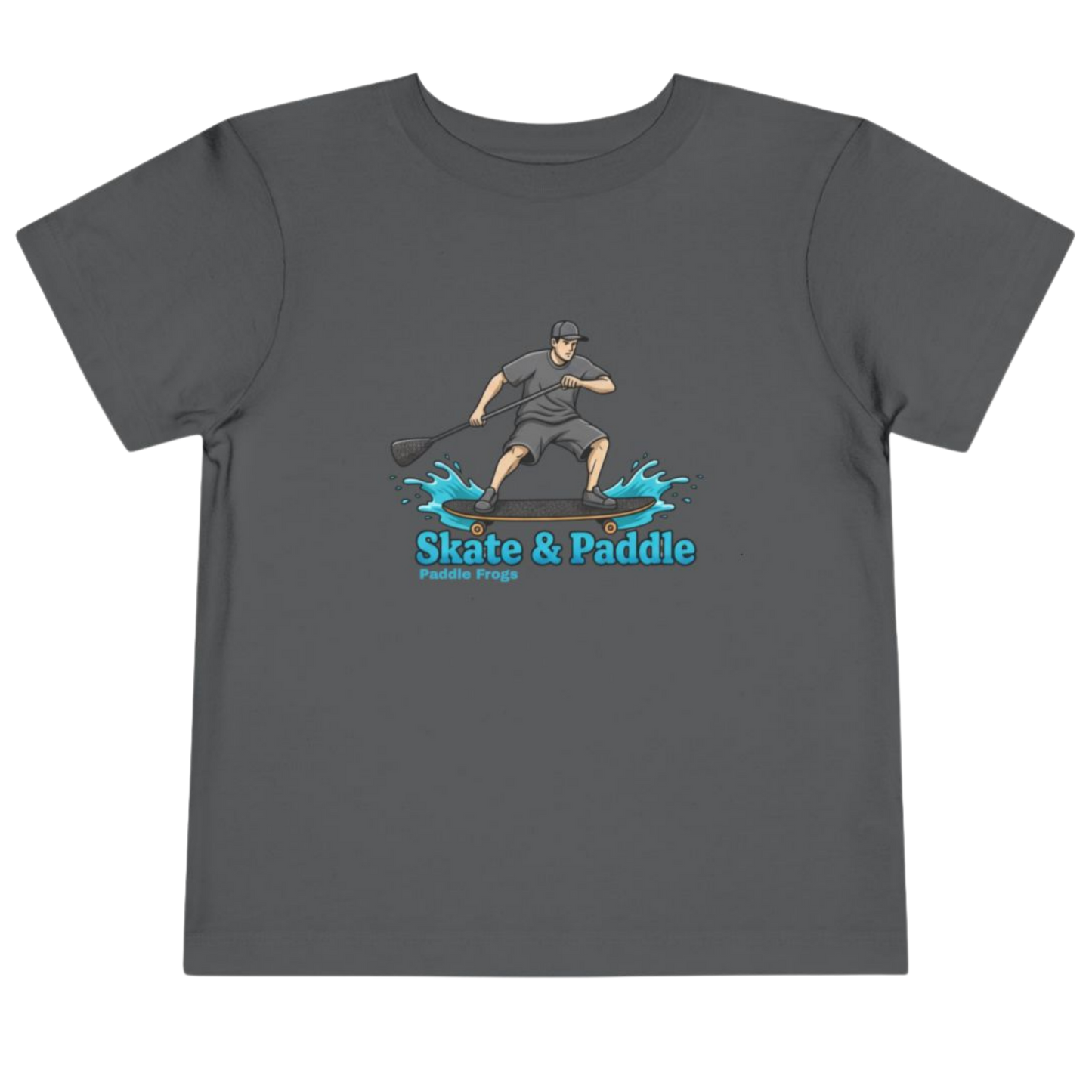 Gray t-shirt with 'Skate & Paddle' graphic The Coastal Hop: Tiny Ripples & Pavement Waves Toddler "Skate & Paddle Frogs™ on a transparent background