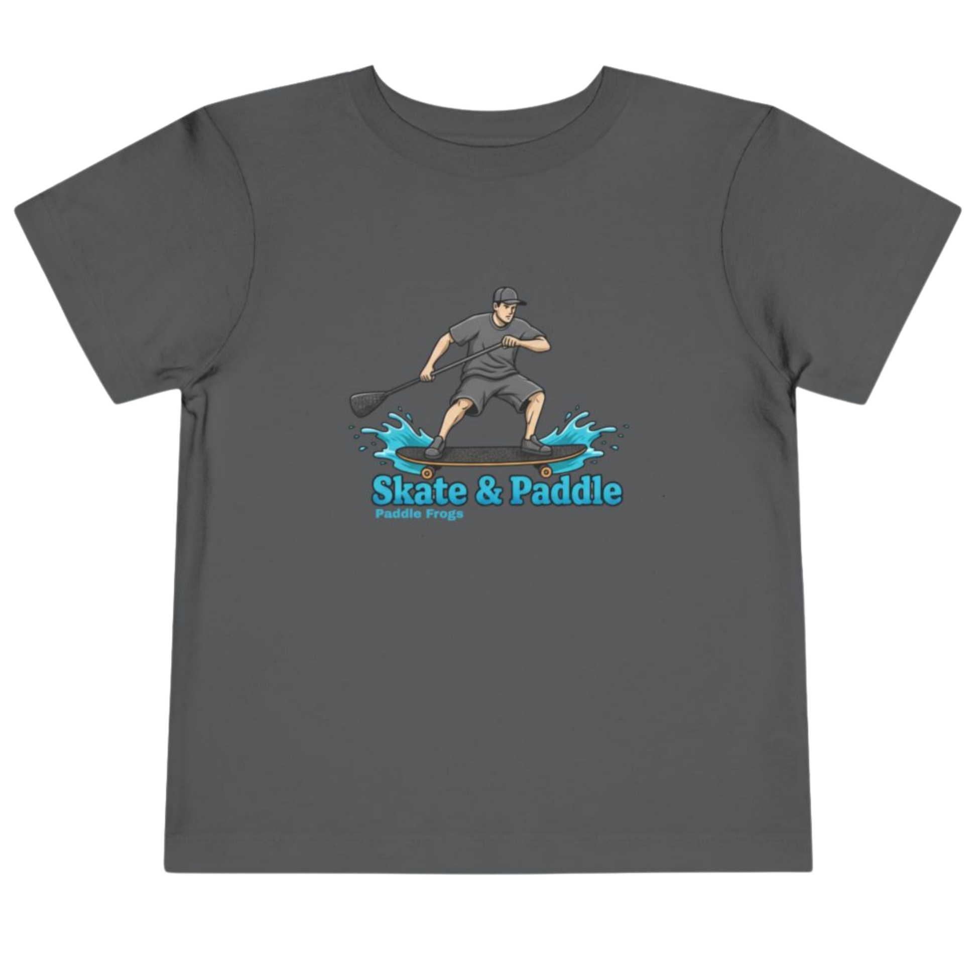 Gray t-shirt with 'Skate & Paddle' graphic The Coastal Hop: Tiny Ripples & Pavement Waves Toddler "Skate & Paddle Frogs™ on a transparent background