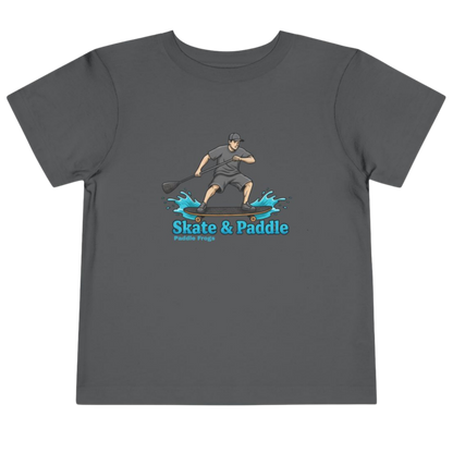 Gray t-shirt with 'Skate & Paddle' graphic The Coastal Hop: Tiny Ripples & Pavement Waves Toddler "Skate & Paddle Frogs™ on a transparent background