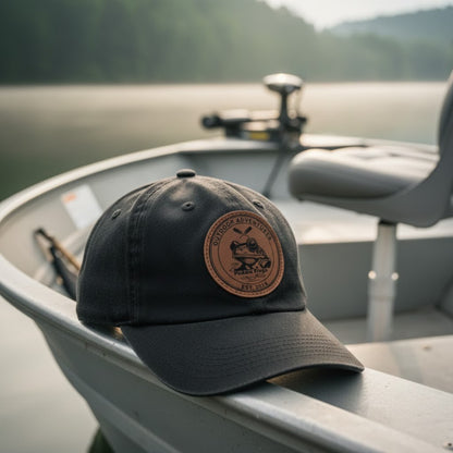 Black cap with a leather patch on a boat on a lake