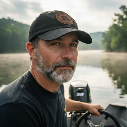 The Marsh Mariner's Cap: Paddle Frogs™ Black hat warn on a fishing boat Watts Bar Lake TN