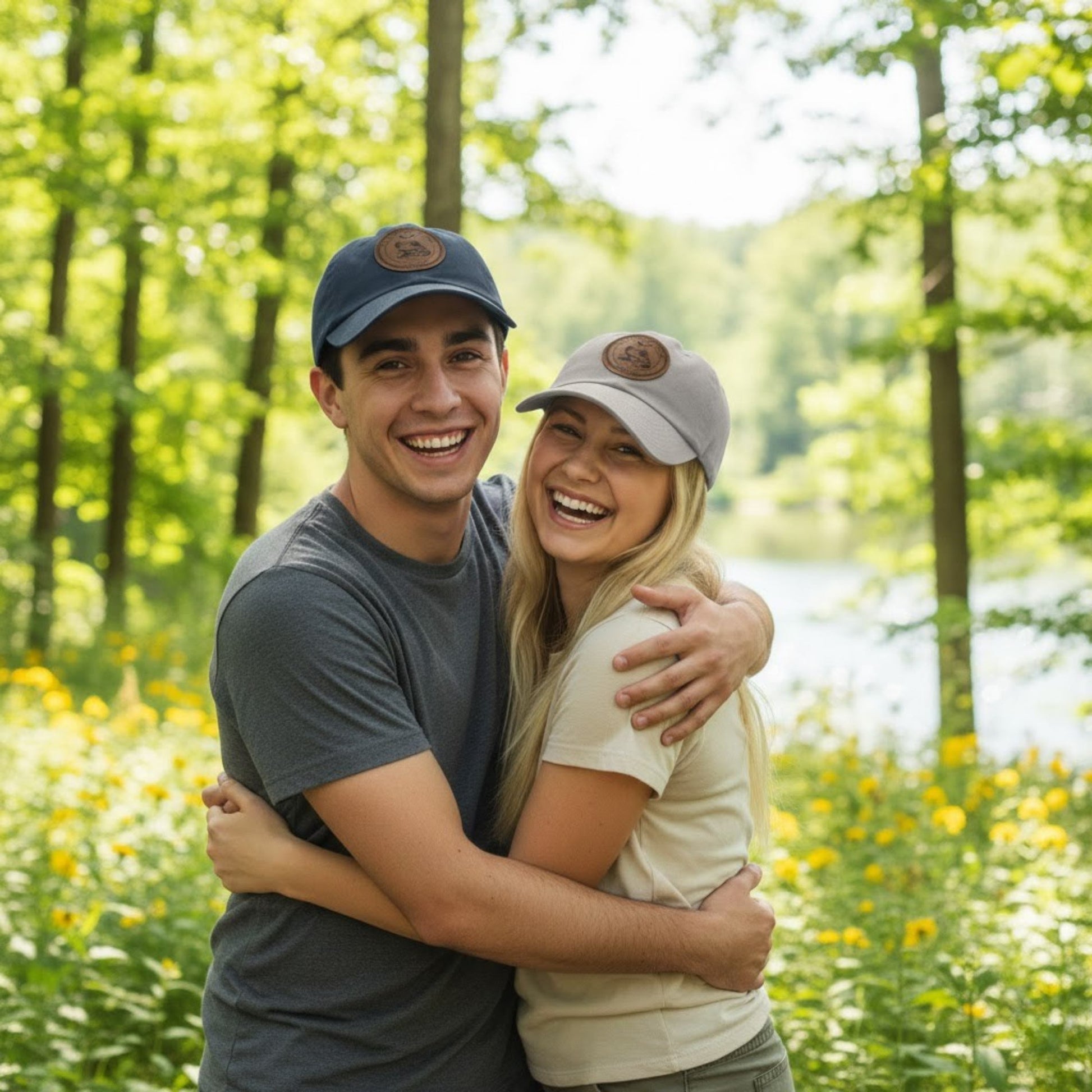 Two people hugging in a forest with a lake in the background The Marsh Mariner's Cap: Paddle Frogs™ friends meet up in the forest by the lake