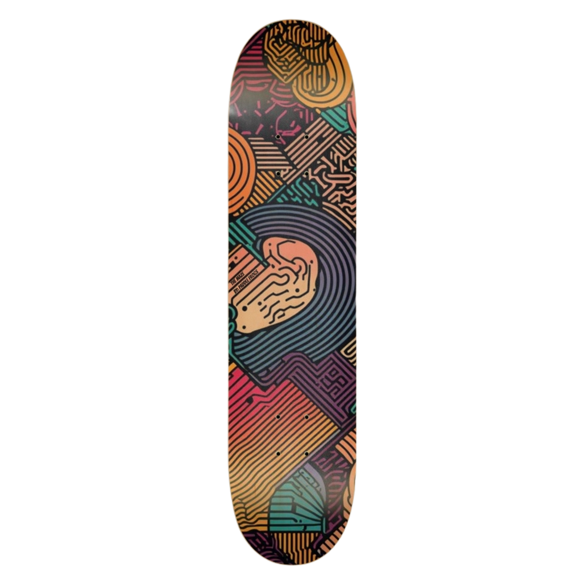 The Maze skateboard deck 7.5" wide x 31.5 inches long by Paddle Frogs on a transparent background