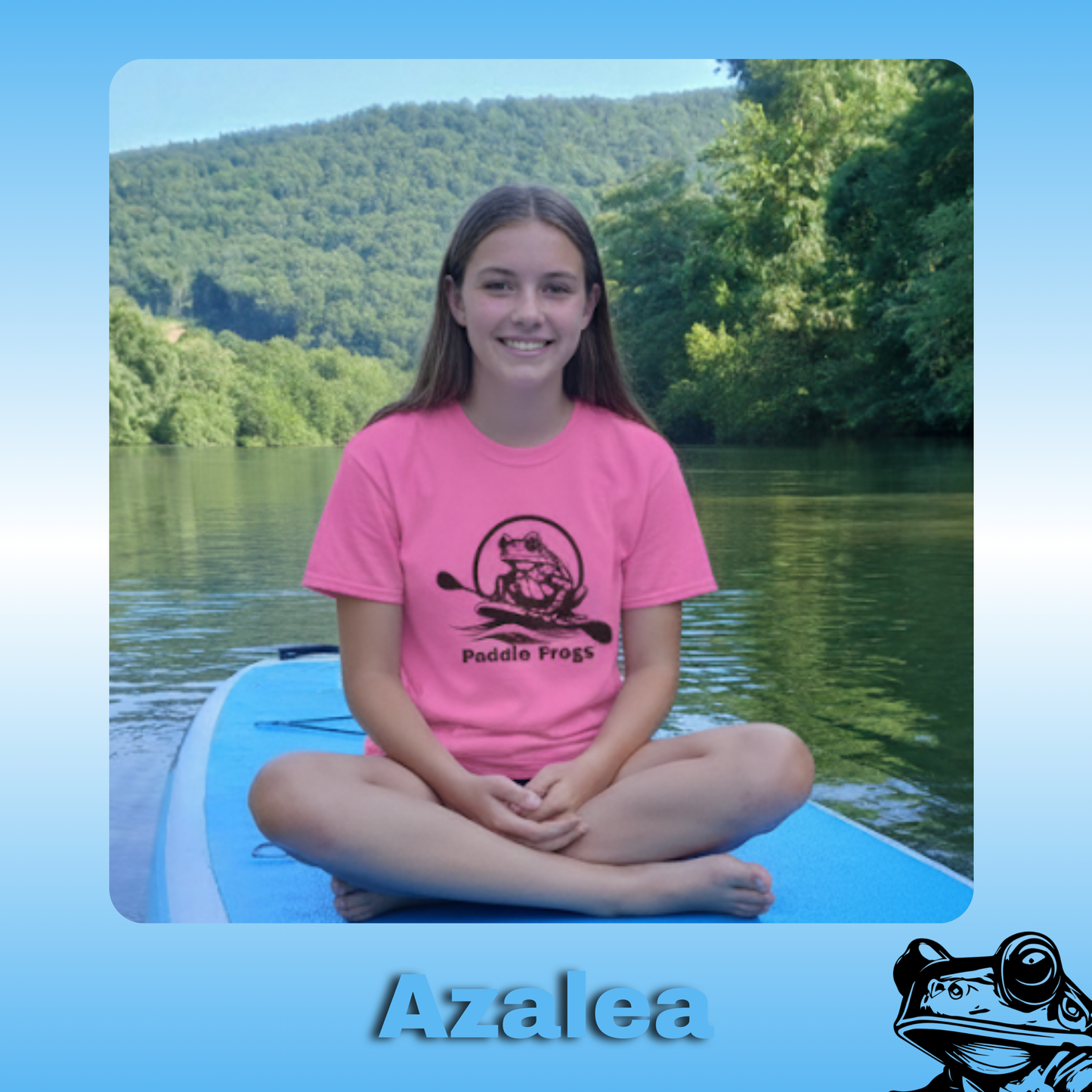 The Original Paddle Boarding T-Shirt | Paddle Frogs™ Azalea color Tee | Teenager wearing pink t-shirt sitting on a paddle board in a scenic location