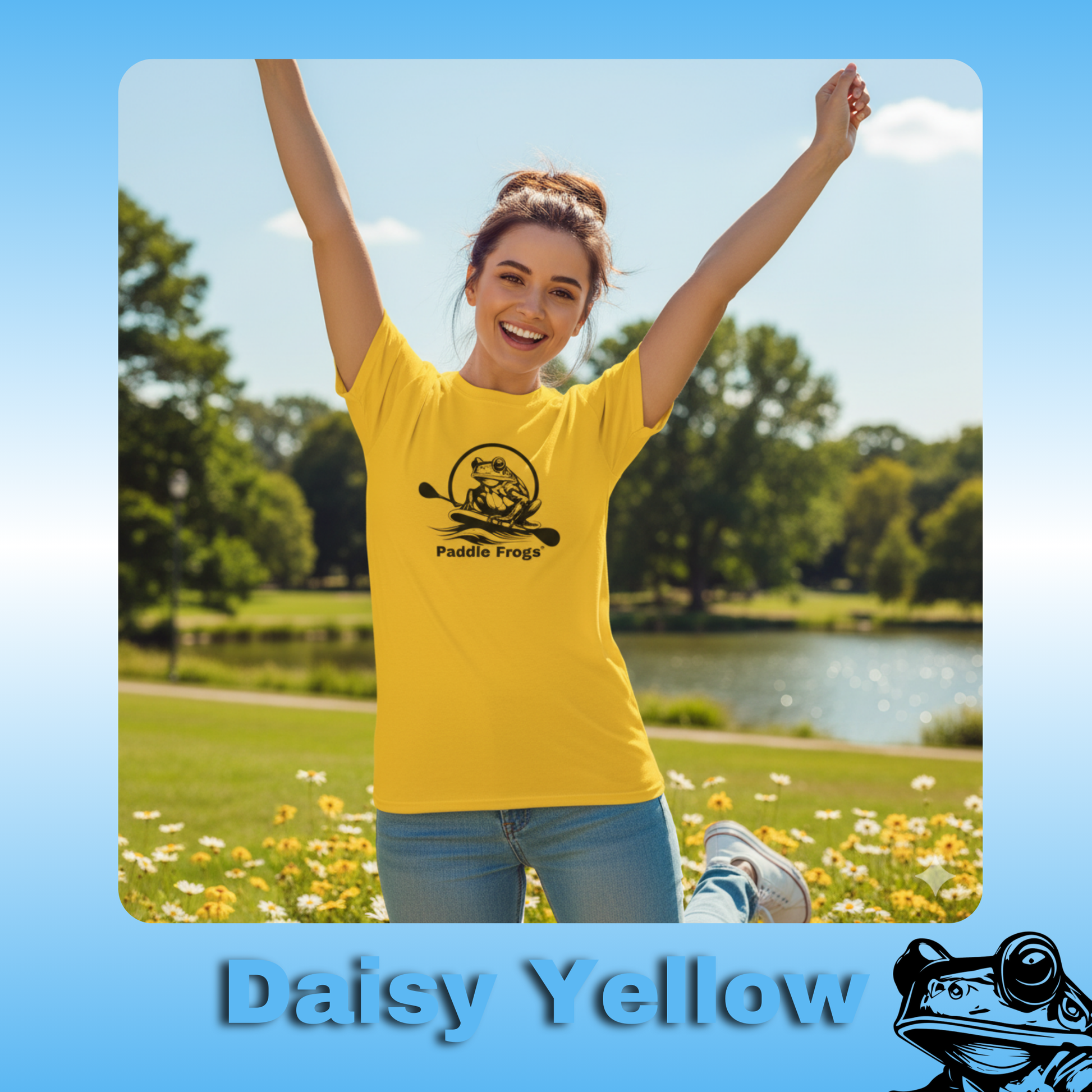 The Original Paddle Boarding T-Shirt | Paddle Frogs™ Daisy Yellow Tee | Woman wearing a yellow t-shirt with 'Paddle Frogs' logo in a park setting
