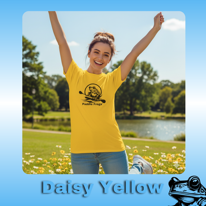 The Original Paddle Boarding T-Shirt | Paddle Frogs™ Daisy Yellow Tee | Woman wearing a yellow t-shirt with 'Paddle Frogs' logo in a park setting