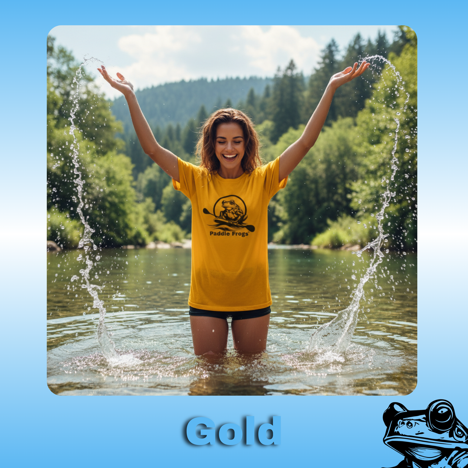 The Original Paddle Boarding T-Shirt | Paddle Frogs™ Gold color Tee | Woman in a yellow shirt standing in water with arms raised, surrounded by nature.