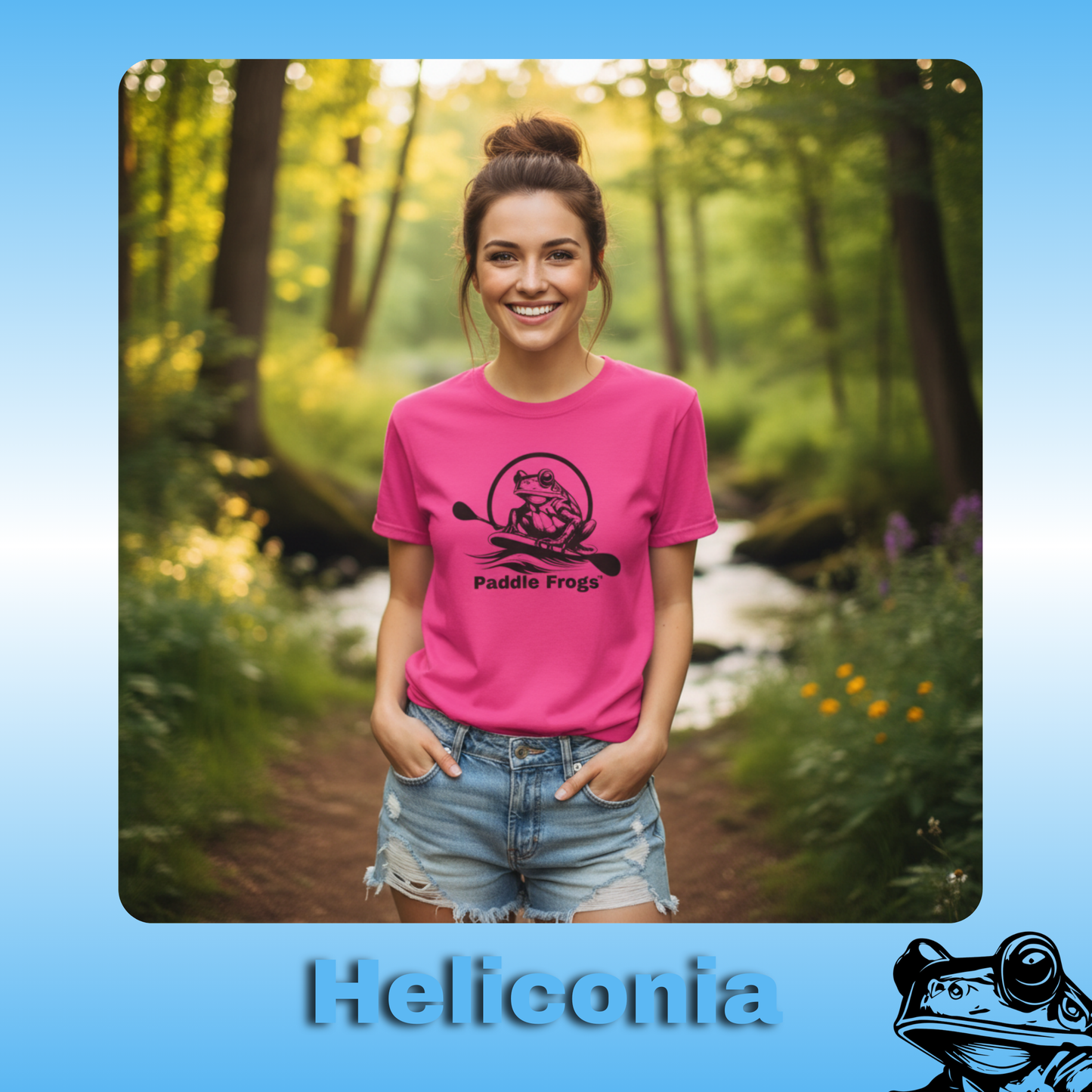 The Original Paddle Boarding T-Shirt | Paddle Frogs™ Heliconia (Pink) Tee | Woman wearing a pink t-shirt with 'Paddle Frogs' design in a forest setting