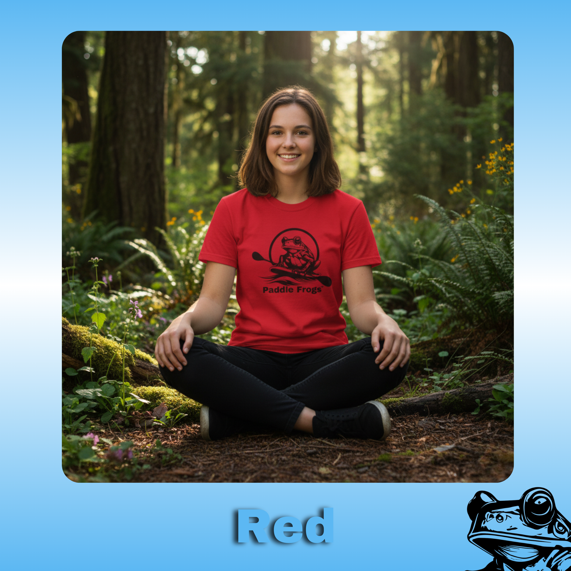 The Original Paddle Boarding T-Shirt | Paddle Frogs™ Red Tee | Young Teen Lady | Woman | Person wearing a red t-shirt with a logo in a forest setting
