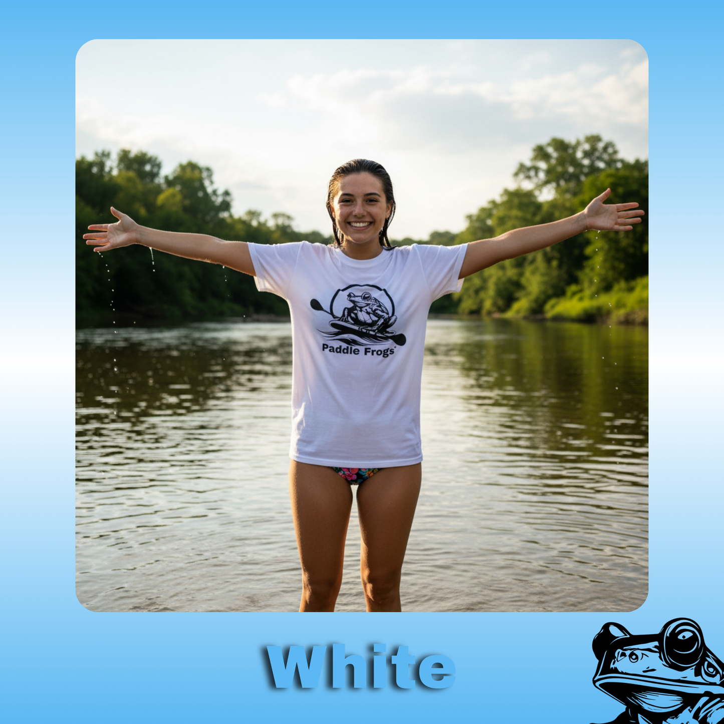 The Original Paddle Boarding T-Shirt | Paddle Frogs™ White color Tee | Lady wearing a white t-shirt with a Paddle Frogs logo in a body of water