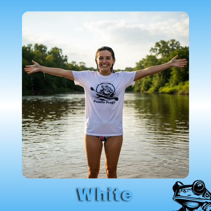 The Original Paddle Boarding T-Shirt | Paddle Frogs™ White color Tee | Lady wearing a white t-shirt with a Paddle Frogs logo in a body of water