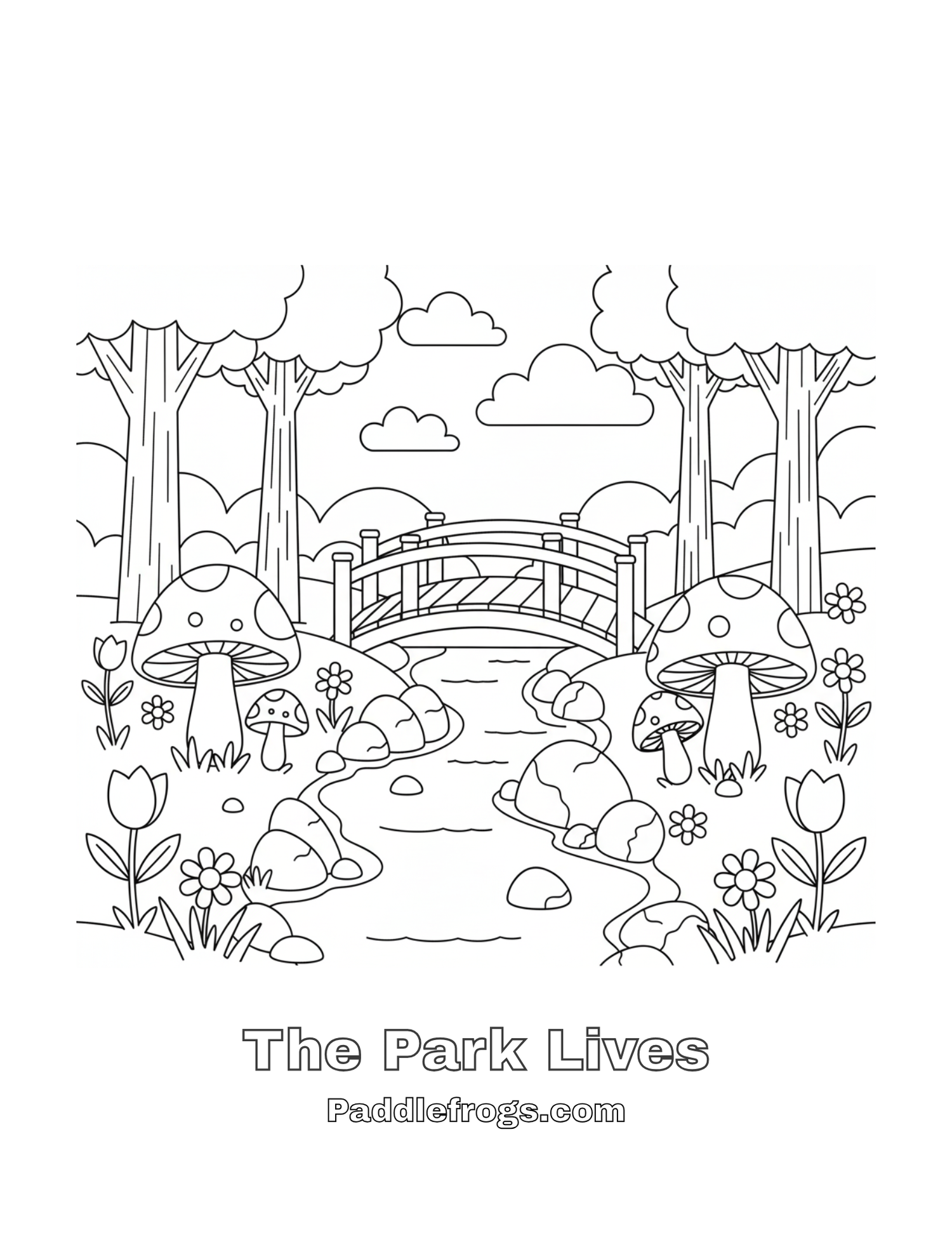 Mushroom Park with arched bridge over a creek coloring sheet for kids. By Paddle Frogs