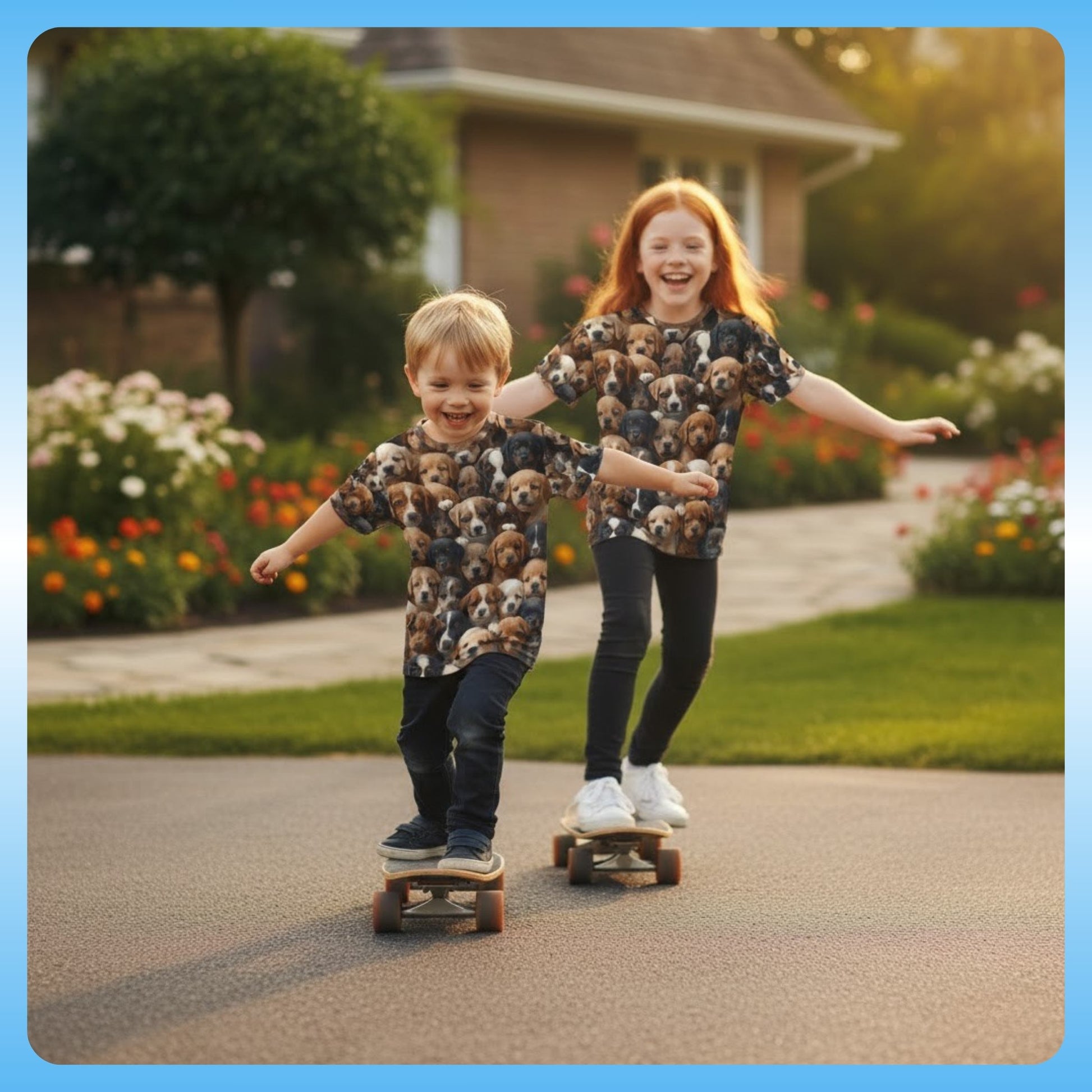 The Puppy-Paddle Power Jersey in action Riding Skateboards Skate & Paddle by Paddle Frogs Outdoor Gear for Kids | Two children in matching outfits skateboarding on a driveway with a garden in the background.