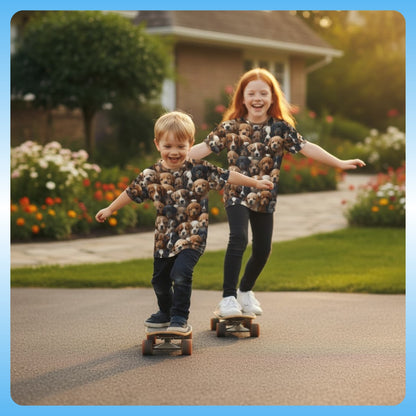 The Puppy-Paddle Power Jersey in action Riding Skateboards Skate & Paddle by Paddle Frogs Outdoor Gear for Kids | Two children in matching outfits skateboarding on a driveway with a garden in the background.