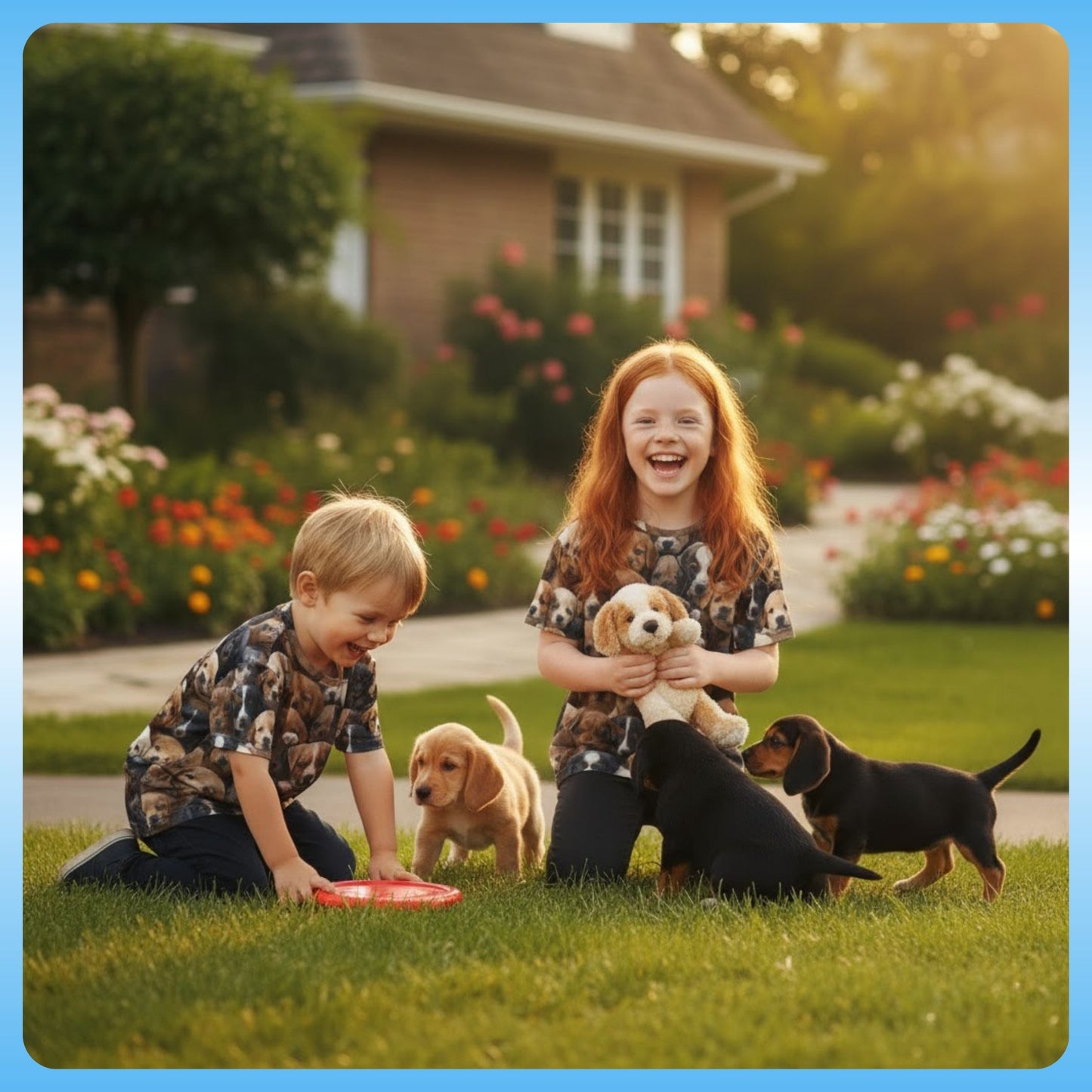 The Puppy-Paddle Power Jersey in action playing with puppies and a stuffy Skate & Paddle by Paddle Frogs Outdoor Gear for Kids | Two children playing with puppies in a garden