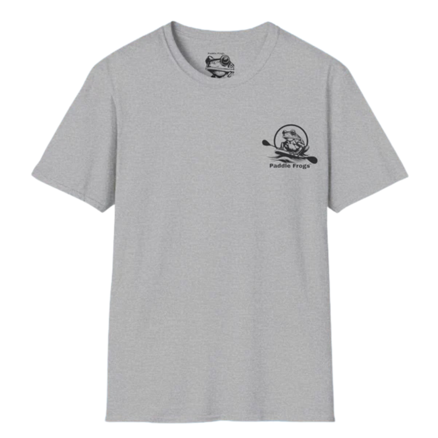 The River's Companion Tee: A Paddle Frog's Ode to the Current sport gray
