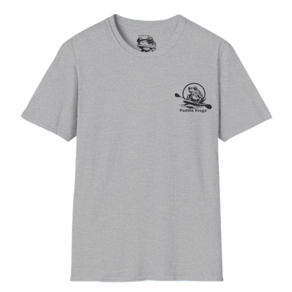 The River's Companion Tee: A Paddle Frog's Ode to the Current sport gray