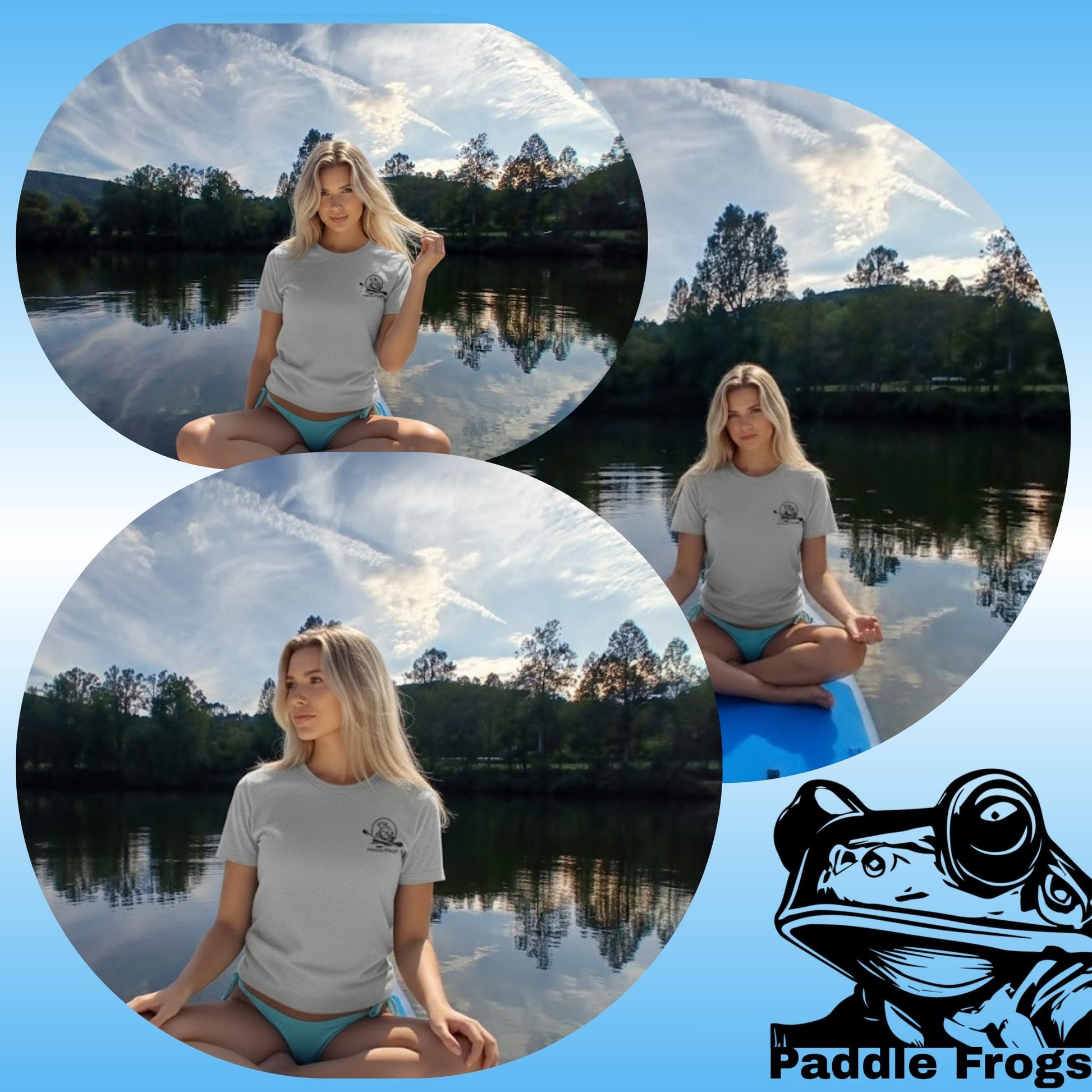 The River's Companion Tee Paddle Frogs Outdoor Gear crew member at the Emory River sitting crisscross applesauce TN clouds