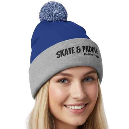 Blue and gray beanie with 'Skate & Paddle' text worn by a model on a transparent background The Summit & Surf Beanie: A Paddle Frogs Anthem by Paddle Frogs™ Outdoor Gear
