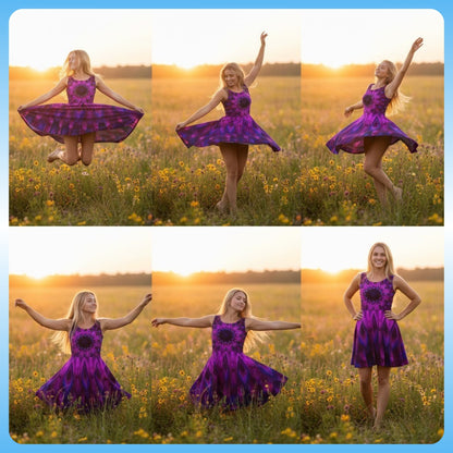The Violet Bloom Boarder Dress dancing in wildflowers