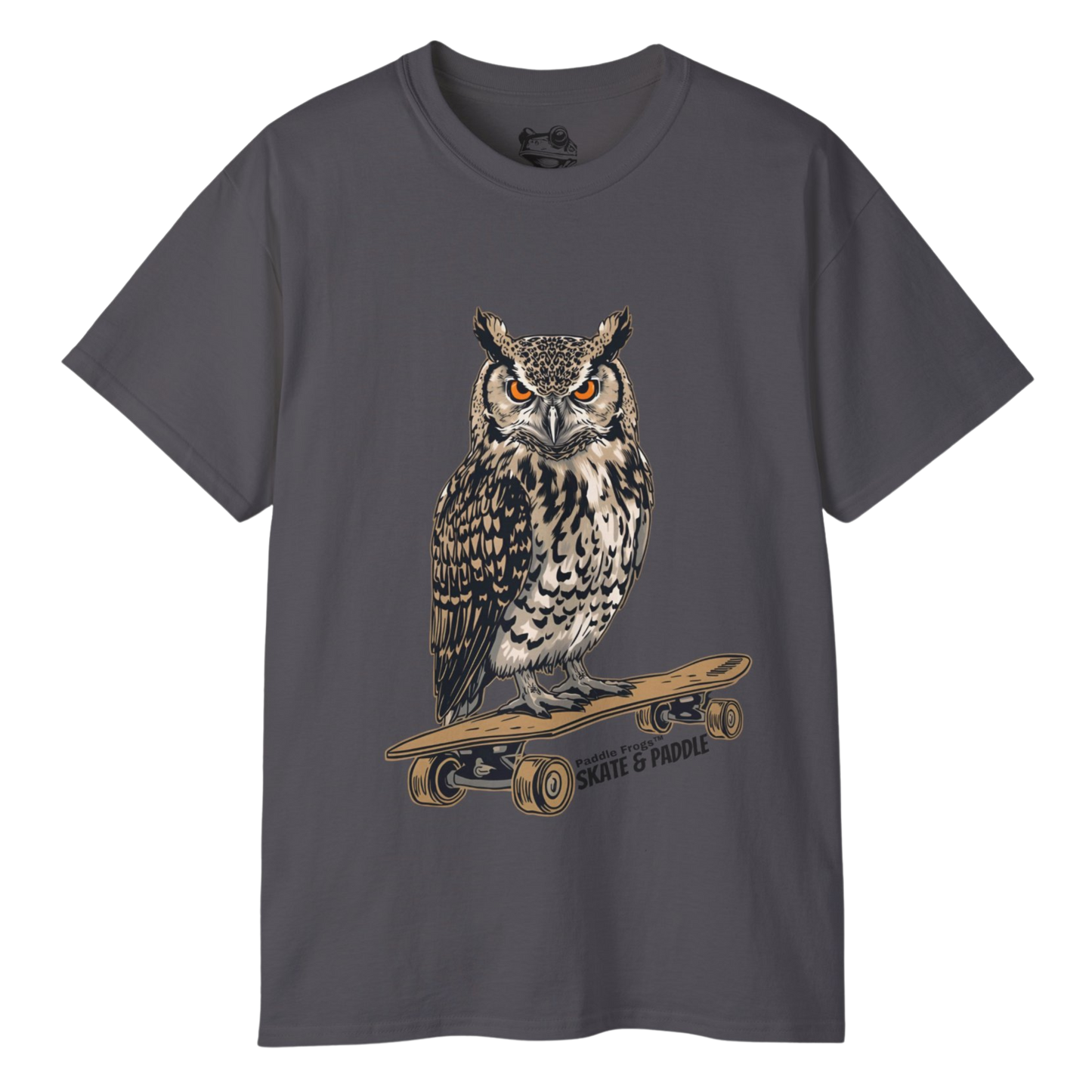 Gray t-shirt with an owl graphic The Wise Owl's Watch: A Tee for Earth-Bound Flow and Watery Balance - Paddle Frogs Outdoor Gear