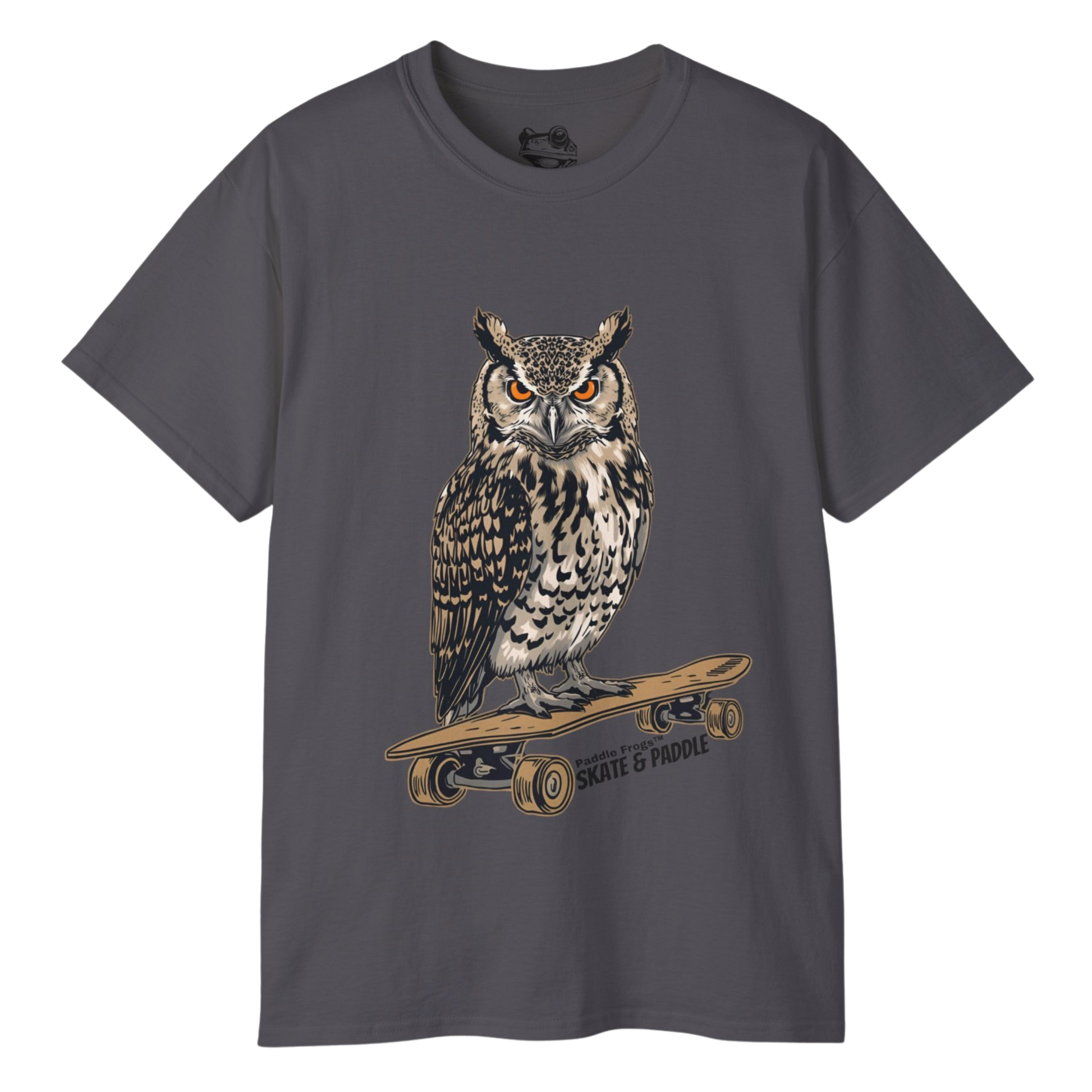 Gray t-shirt with an owl graphic The Wise Owl's Watch: A Tee for Earth-Bound Flow and Watery Balance - Paddle Frogs Outdoor Gear