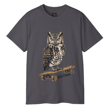 Gray t-shirt with an owl graphic The Wise Owl's Watch: A Tee for Earth-Bound Flow and Watery Balance - Paddle Frogs Outdoor Gear
