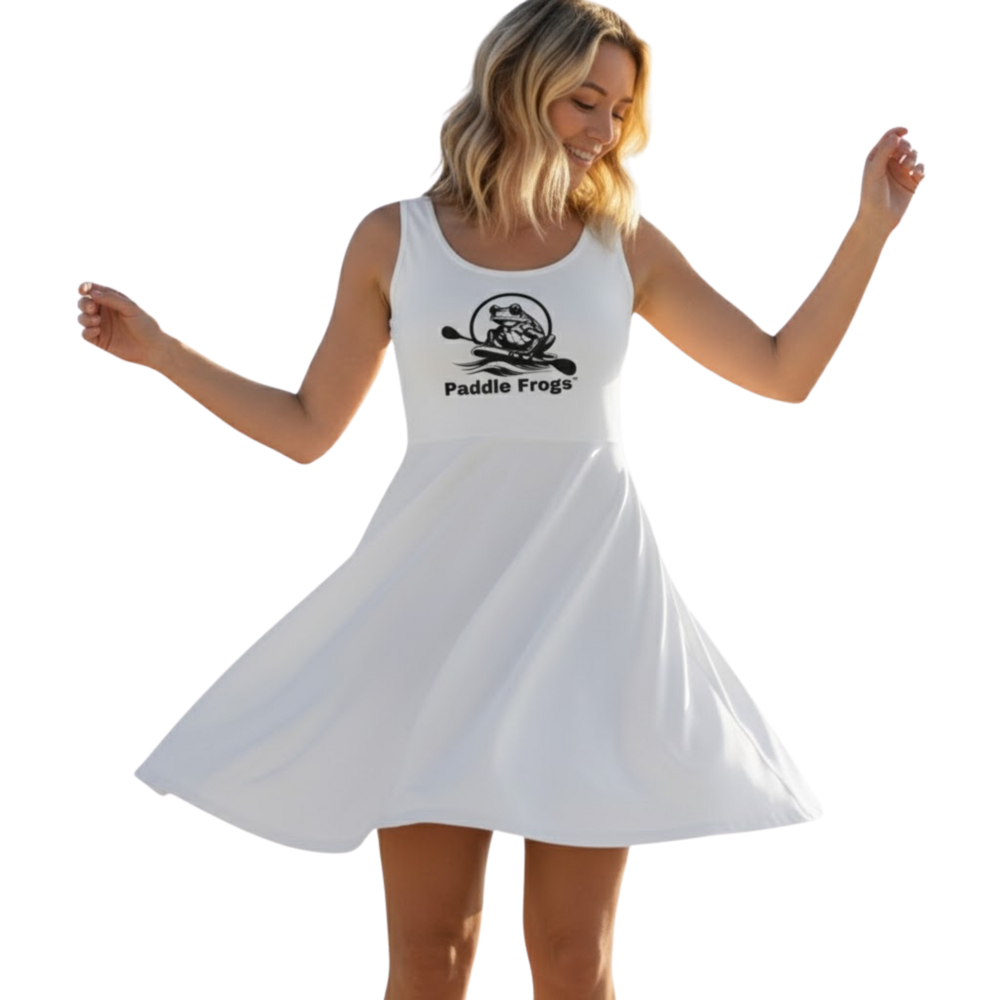 Woman wearing a white dress with 'Paddle Frogs' logo on a transparent background