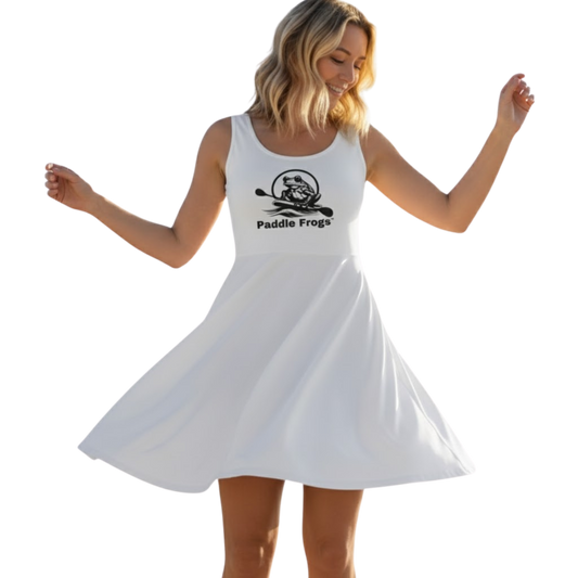 Woman wearing a white dress with 'Paddle Frogs' logo on a transparent background