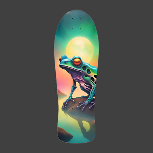 This retro Skateboard design features a melting frog in the scorching sun, creating a visually striking and unique piece of artwork