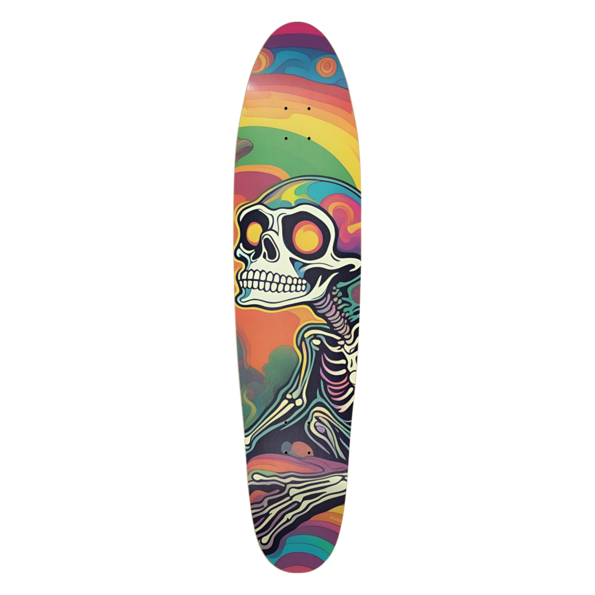 Colorful skateboard deck with a skeleton design Thoughts of Space | Glow in the Dark Longboard | Paddle Frogs™