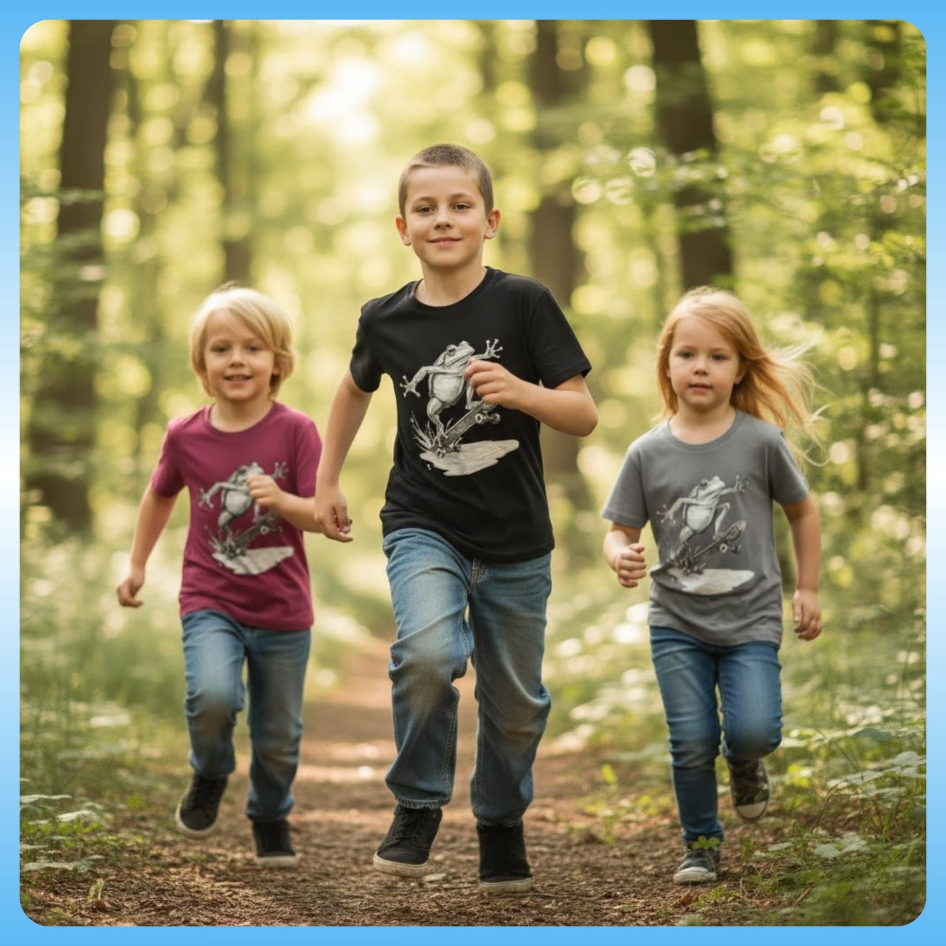 Three kids running down a trail wearing the Ollie Frog: Kids Skater Tee in Black berry and asphalt by Paddle Frogs™
