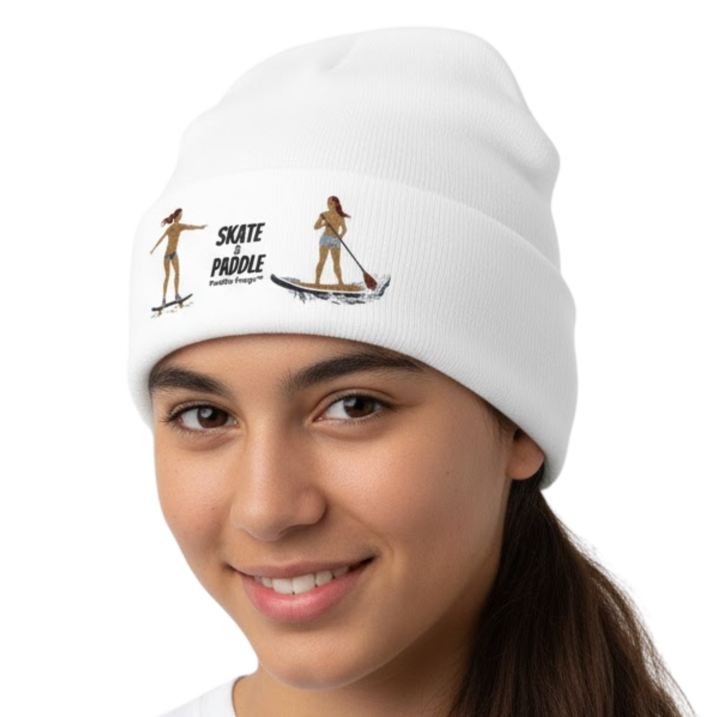 White Tides & Trails Beanie: Life in Balance, Skate & Paddle headwear by Paddle Frogs™ Outdoor Gear on a transparent background